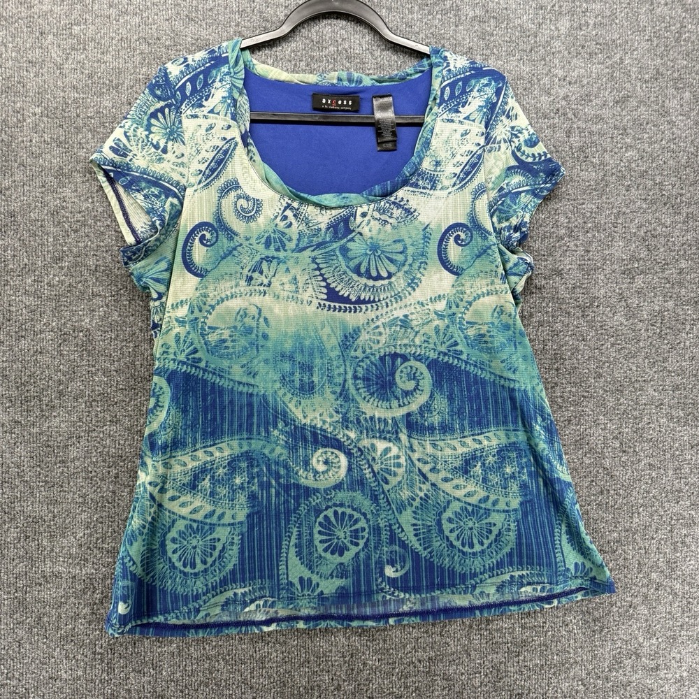 Y2K Top Womens XL Blue Mesh Graphic Baby Tee Scoop Neck Fitted 90s Grunge Casual